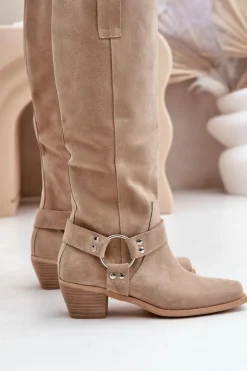 Online Zazoo Zamszowe Kozaki Na Niskim Obcasie Z Cholewką Przed Kolano 3444/O Jasnobeżowe Beżowy