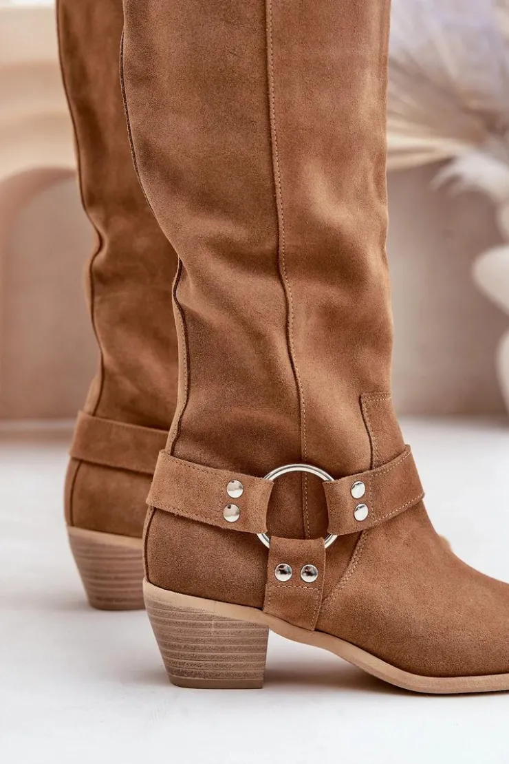 Zazoo Kozaki Na Słupku|Kozaki Wiosenne*Zamszowe Kozaki Na Niskim Obcasie Z Cholewką Przed Kolano 3444/O Camel Brązowy