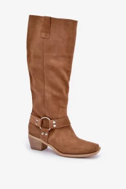 Zazoo Kozaki Na Słupku|Kozaki Wiosenne*Zamszowe Kozaki Na Niskim Obcasie Z Cholewką Przed Kolano 3444/O Camel Brązowy