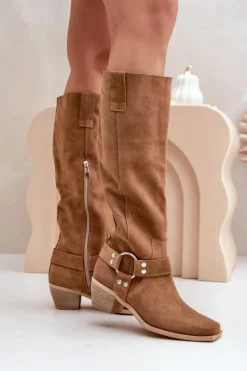 Zazoo Kozaki Na Słupku|Kozaki Wiosenne*Zamszowe Kozaki Na Niskim Obcasie Z Cholewką Przed Kolano 3444/O Camel Brązowy