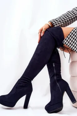 Boto Kozaki Wiosenne|Kozaki Za Kolano*Zamszowe Kozaki Na Obcasie Granatowe Minesa
