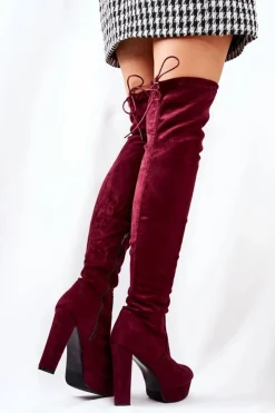 Damskie Boto Zamszowe Kozaki Na Obcasie Bordowe Minesa