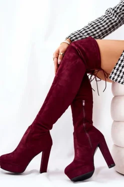 Damskie Boto Zamszowe Kozaki Na Obcasie Bordowe Minesa