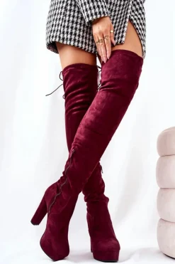 Damskie Boto Zamszowe Kozaki Na Obcasie Bordowe Minesa