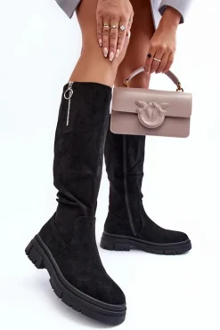 Damskie Buty damskie Vinceza Zamszowe Kozaki Na Płaskim Obcasie I Platformie Czarne Nesina