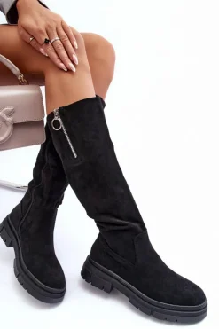 Damskie Buty damskie Vinceza Zamszowe Kozaki Na Płaskim Obcasie I Platformie Czarne Nesina