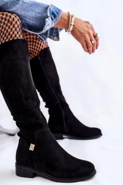 Online Damskie buty S.Barski Zamszowe Kozaki Na Płaskim Obcasie Czarne Giulia