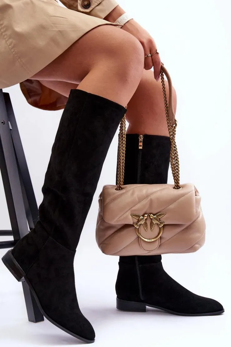 Hot Boto Zamszowe Kozaki Na Płaskim Obcasie Czarne Eelin Czarny