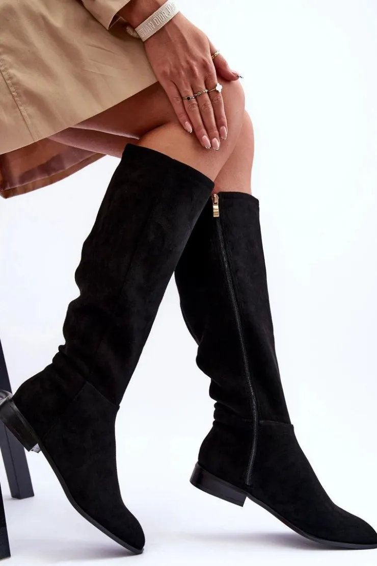 Hot Boto Zamszowe Kozaki Na Płaskim Obcasie Czarne Eelin Czarny