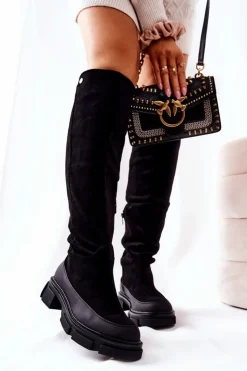 Damskie Boto Zamszowe Kozaki Na Płaskim Obcasie Czarne Kalisso