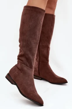 Boto Kozaki Płaskie|Kozaki Przed Kolano*Zamszowe Kozaki Na Płaskim Obcasie Brązowe Eelin Brązowy