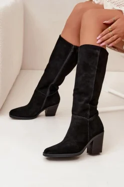 Outlet Boto Zamszowe Kozaki Na Słupku Zamek Czarne Lissara Czarny