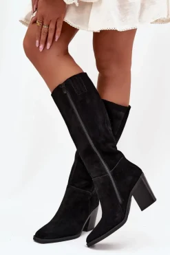 Outlet Boto Zamszowe Kozaki Na Słupku Zamek Czarne Lissara Czarny