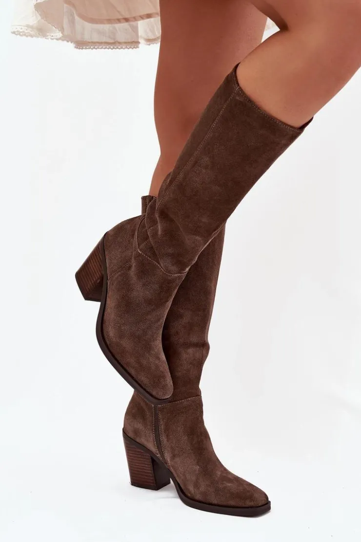 Damskie Boto Zamszowe Kozaki Na Słupku Zamek Brązowe Lissara