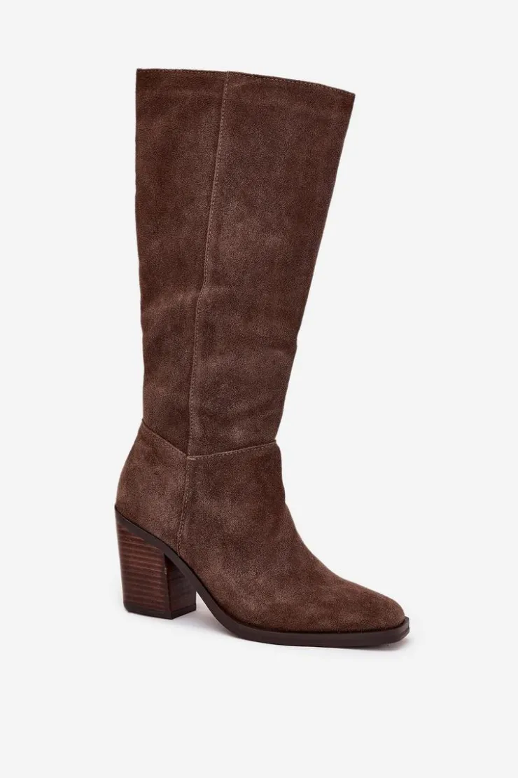 Damskie Boto Zamszowe Kozaki Na Słupku Zamek Brązowe Lissara
