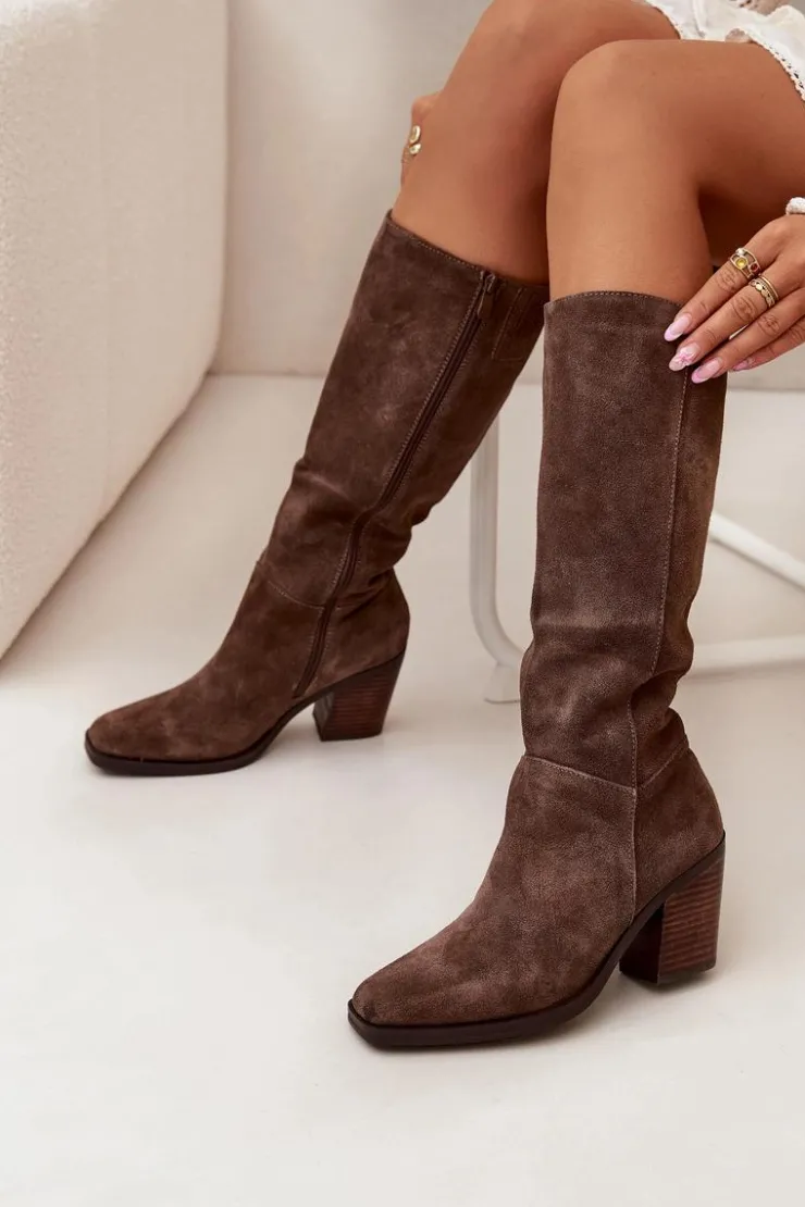 Damskie Boto Zamszowe Kozaki Na Słupku Zamek Brązowe Lissara