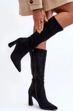 Clearance Boto Zamszowe Kozaki Na Słupku Czarne Adrolio Czarny