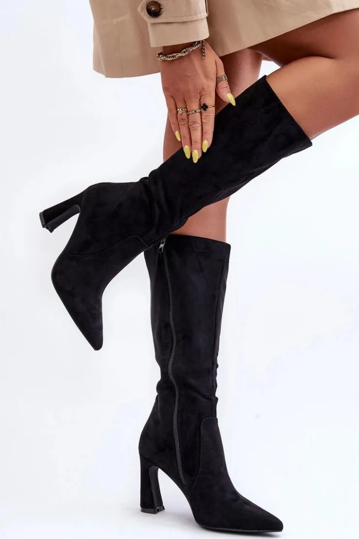 Clearance Boto Zamszowe Kozaki Na Słupku Czarne Adrolio Czarny