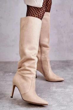Damskie Boto Zamszowe Kozaki Na Szpilce Beżowe Carite