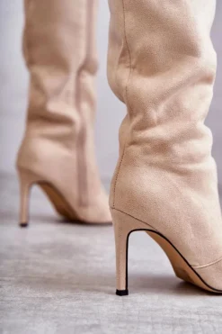 Damskie Boto Zamszowe Kozaki Na Szpilce Beżowe Carite