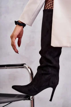 Damskie Boto Zamszowe Kozaki Na Szpilce Czarne Carite