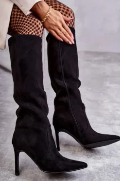 Damskie Boto Zamszowe Kozaki Na Szpilce Czarne Carite