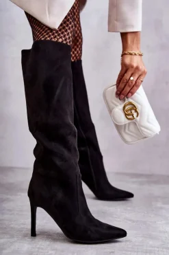 Damskie Boto Zamszowe Kozaki Na Szpilce Czarne Carite