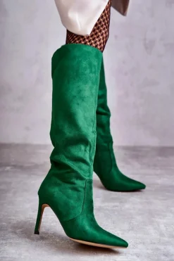 Boto Kozaki Przed Kolano|Kozaki Na Obcasie*Zamszowe Kozaki Na Szpilce Zielone Carite