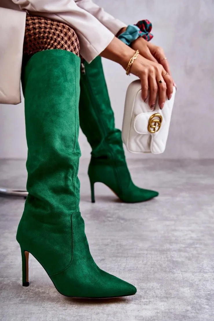 Boto Kozaki Przed Kolano|Kozaki Na Obcasie*Zamszowe Kozaki Na Szpilce Zielone Carite
