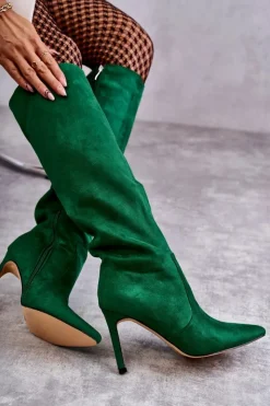 Boto Kozaki Przed Kolano|Kozaki Na Obcasie*Zamszowe Kozaki Na Szpilce Zielone Carite