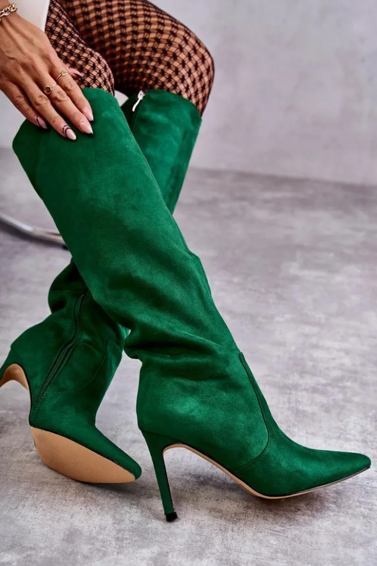 Boto Kozaki Przed Kolano|Kozaki Na Obcasie*Zamszowe Kozaki Na Szpilce Zielone Carite