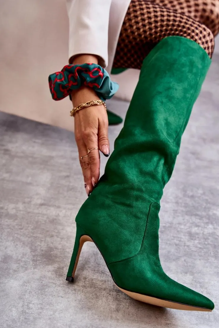 Boto Kozaki Przed Kolano|Kozaki Na Obcasie*Zamszowe Kozaki Na Szpilce Zielone Carite