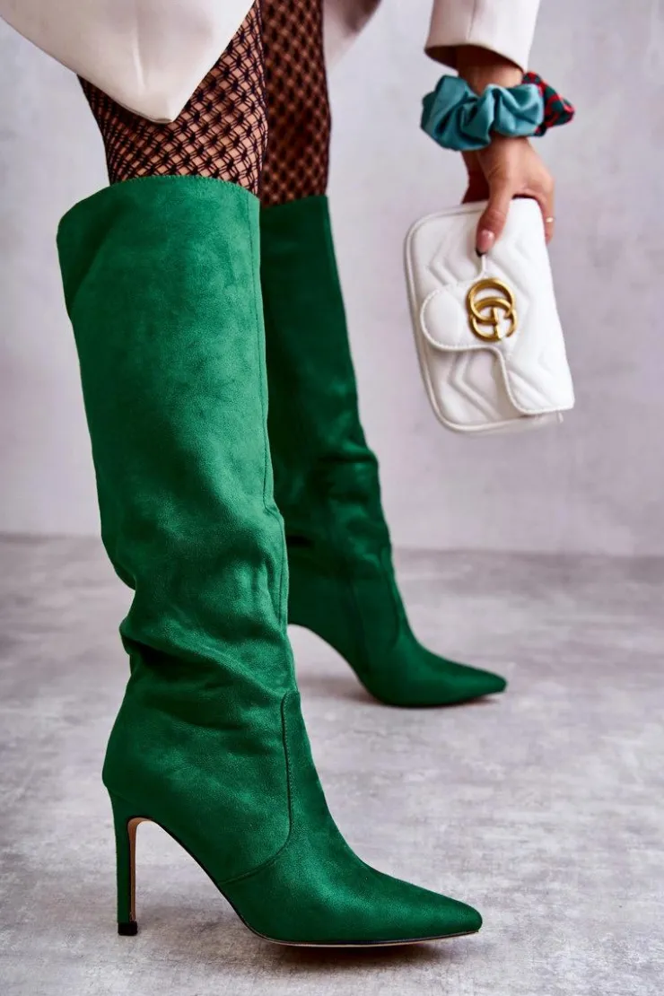 Boto Kozaki Przed Kolano|Kozaki Na Obcasie*Zamszowe Kozaki Na Szpilce Zielone Carite