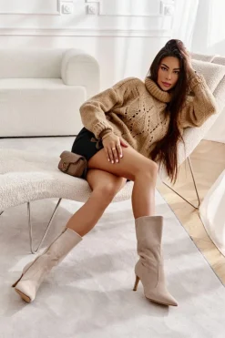 Damskie Boto Zamszowe Kozaki Na Szpilce Beżowe Arison