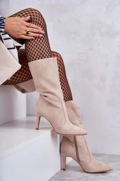 Damskie Boto Zamszowe Kozaki Na Szpilce Beżowe Arison