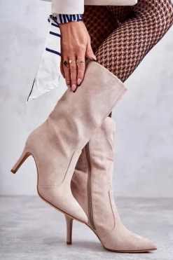 Damskie Boto Zamszowe Kozaki Na Szpilce Beżowe Arison