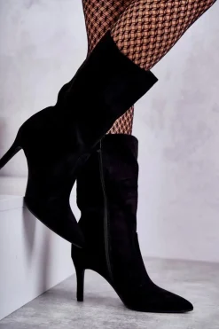 Boto Zamszowe Kozaki Na Szpilce Czarne Arison