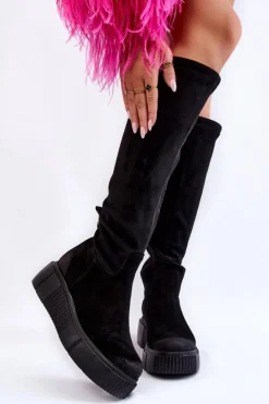 Discount Boto Zamszowe Kozaki Przed Kolano Na Platformie Czarne Lemar Spectrum