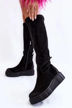 Discount Boto Zamszowe Kozaki Przed Kolano Na Platformie Czarne Lemar Spectrum