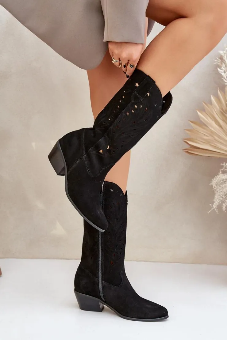 Boto Kozaki Na Słupku|Kozaki Ażurowe*Zamszowe Kozaki Z Ażurową Cholewką Zazoo 3609 Czarne Czarny