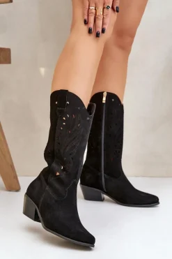 Boto Kozaki Na Słupku|Kozaki Ażurowe*Zamszowe Kozaki Z Ażurową Cholewką Zazoo 3609 Czarne Czarny