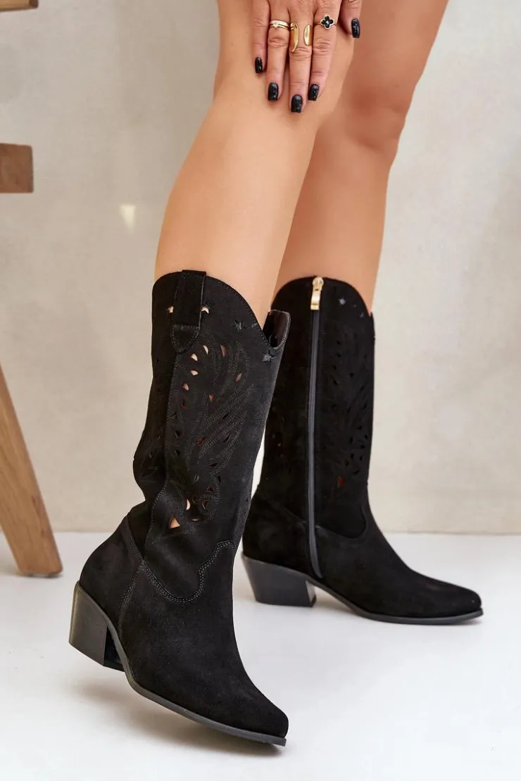 Boto Kozaki Na Słupku|Kozaki Ażurowe*Zamszowe Kozaki Z Ażurową Cholewką Zazoo 3609 Czarne Czarny