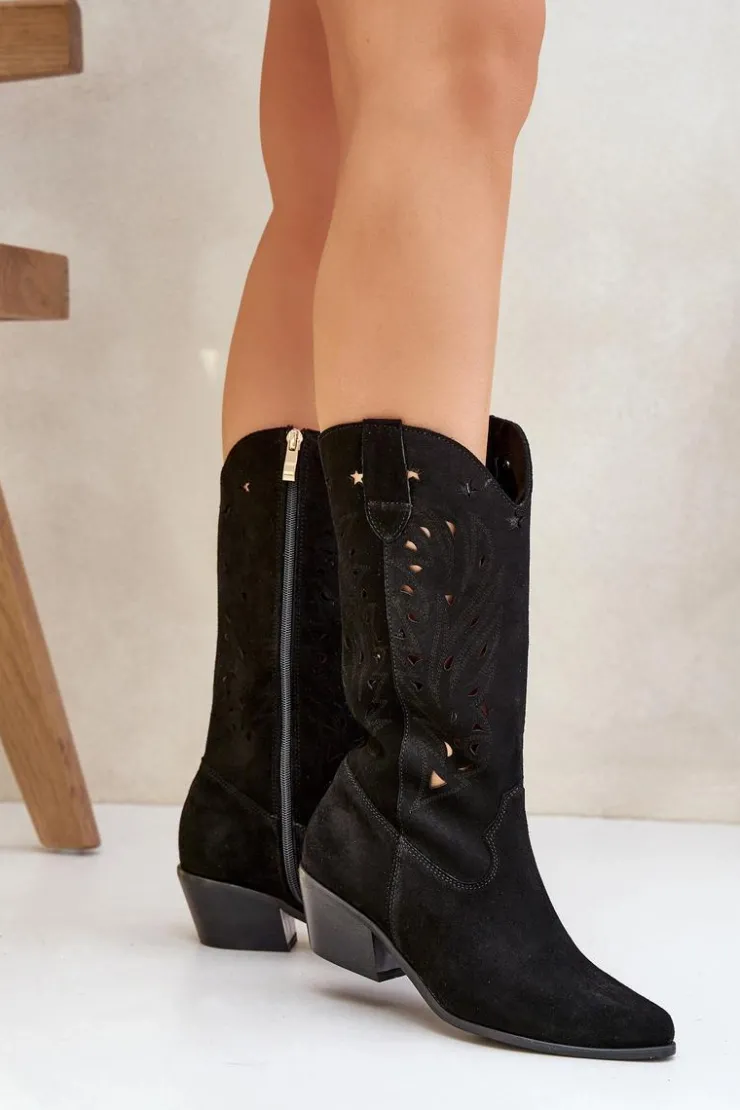 Boto Kozaki Na Słupku|Kozaki Ażurowe*Zamszowe Kozaki Z Ażurową Cholewką Zazoo 3609 Czarne Czarny