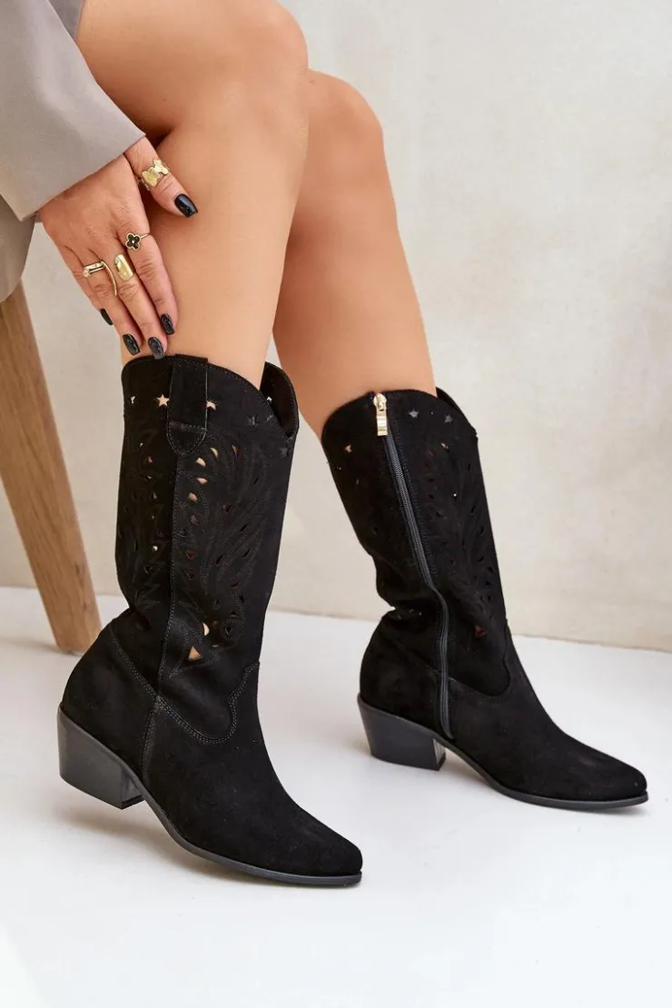 Boto Kozaki Na Słupku|Kozaki Ażurowe*Zamszowe Kozaki Z Ażurową Cholewką Zazoo 3609 Czarne Czarny