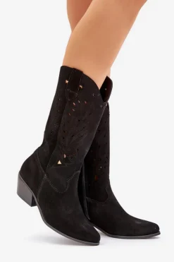 Boto Kozaki Na Słupku|Kozaki Ażurowe*Zamszowe Kozaki Z Ażurową Cholewką Zazoo 3609 Czarne Czarny
