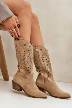 Damskie Boto Zamszowe Kozaki Z Ażurową Cholewką Zazoo 3714 Beżowe