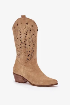 Damskie Boto Zamszowe Kozaki Z Ażurową Cholewką Zazoo 3714 Beżowe