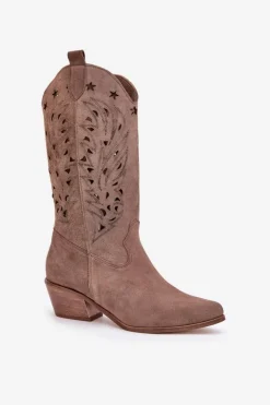 Boto Kozaki Ażurowe|Kozaki Na Obcasie*Zamszowe Kozaki Z Ażurową Cholewką Zazoo 3609 Brązowe