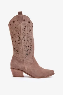 Boto Kozaki Ażurowe|Kozaki Na Obcasie*Zamszowe Kozaki Z Ażurową Cholewką Zazoo 3609 Brązowe