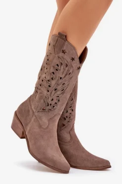 Boto Kozaki Ażurowe|Kozaki Na Obcasie*Zamszowe Kozaki Z Ażurową Cholewką Zazoo 3609 Brązowe